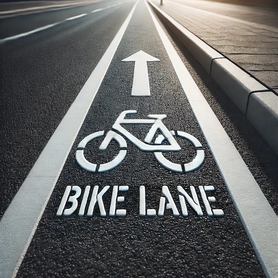 Close-up image of a bike lane pavement, showing the smooth asphalt surface with a white bike lane marking painted clearly on the road.