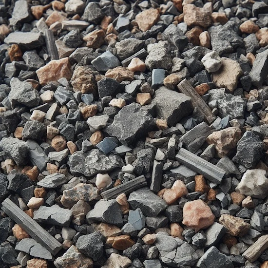 Close-up image of aggregate used in asphalt, featuring various sizes of crushed stone, gravel, and sand particles in shades of gray, beige, and brown.