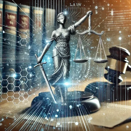 Abstract representation of law showing a blindfolded Lady Justice holding scales and a sword, overlaid with digital code. In the background are legal books, documents, and a gavel, symbolizing the intersection of law and technology.