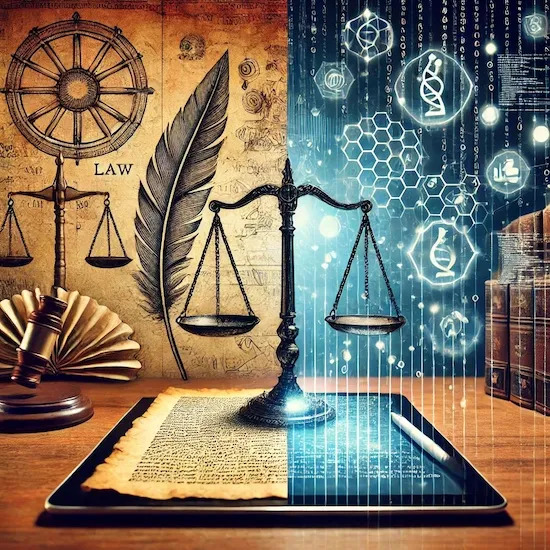 Symbolic illustration of the evolution of law. On the left side, traditional law is represented by parchment, a quill, and scales of justice. On the right side, modern law is depicted with a digital tablet, coding symbols, and technological imagery, transitioning from an old courtroom setting to a virtual environment.