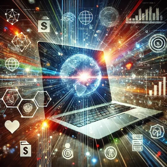 Abstract image illustrating the power of software with a computer displaying code and digital energy waves connecting different industry icons.