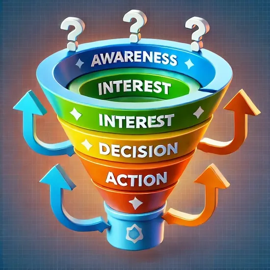 Diagram of a marketing funnel labeled with stages awareness, interest, decision, and action, with arrows and question marks showing progression.