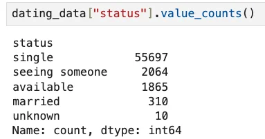 Status column value counts for OKCupid dataset showing distribution of relationship statuses