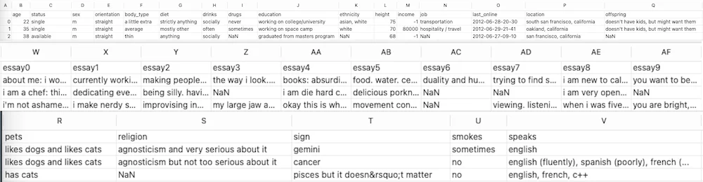 Screenshot of an OKCupid dataset displaying user profiles with attributes such as age, status, body type, education, height, income, and various essays filled by users