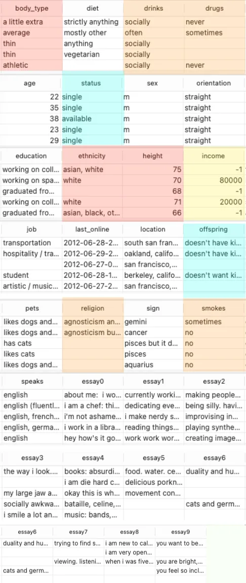 A screenshot of a sample dataset from the OkCupid dataset showing various features like body type, diet, drinks, drugs, age, status, sex, orientation, education, ethnicity, height, income, pets, religion, location, offspring, and multiple essay sections.