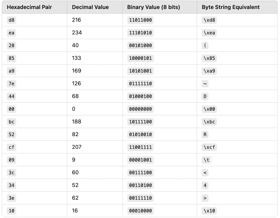 A table showing the conversion of hexadecimal pairs to decimal, binary, and byte string equivalents.