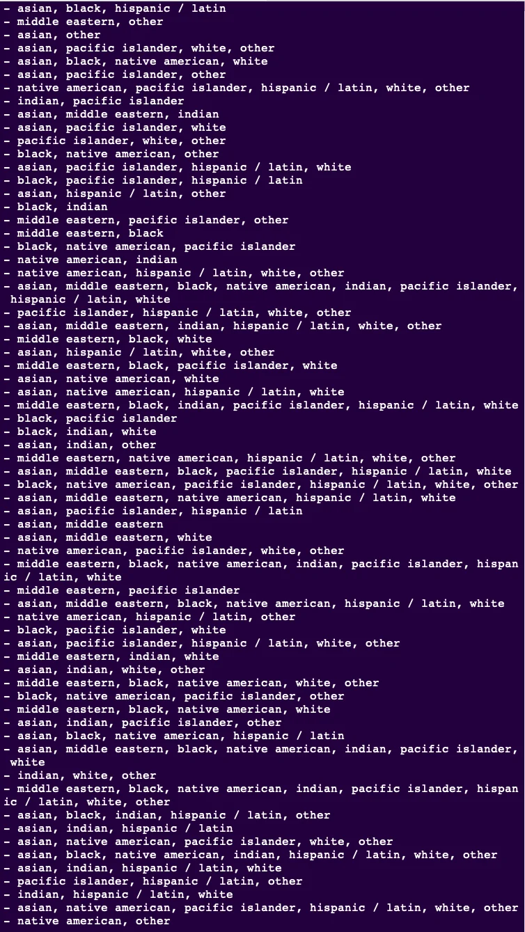 All possible unique values for 'ethnicity' (Part 2)